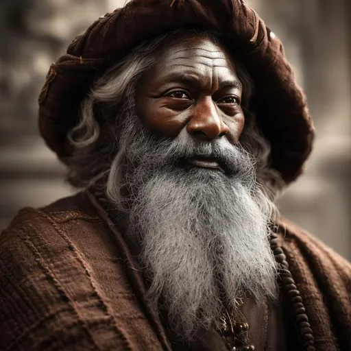 Prompt: a man, dark choco skin, realistic photo, old, wise, hair and abundant beard. dressed like king's court people, looking like a Mage, a wiseman. front facing