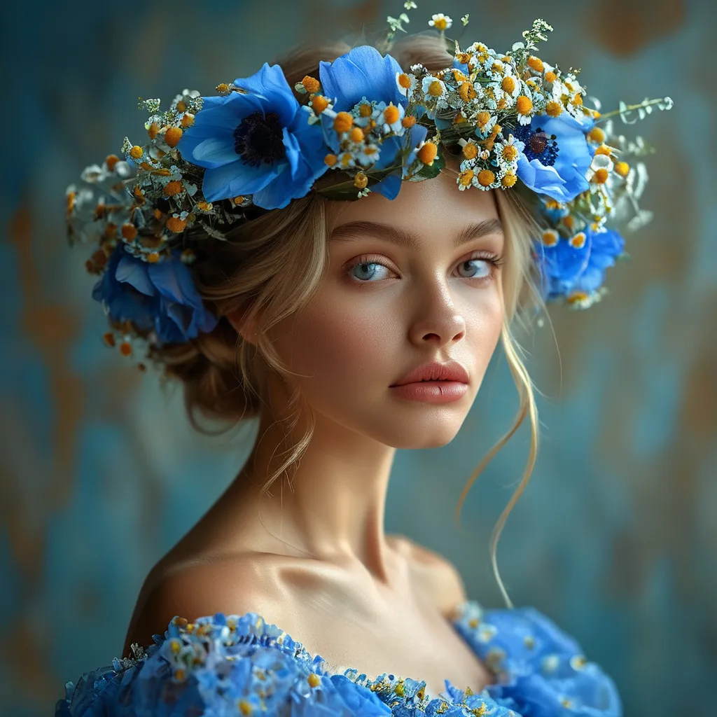 Prompt: a woman in a blue dress with a flower crown on her head and a blue dress with flowers on her shoulders, Elina Karimova, art photography, portrait photography, a photorealistic painting