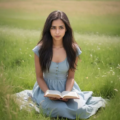 Prompt: Certainly! Here's a shorter description:

---

A beautiful young woman sits on lush green grass in a vast grassland under a clear blue sky. Her long, dark hair cascades down her back, and she has a warm, brown complexion. Dressed in a light pastel dress, she holds an open book titled "Sapiens" by Yuval Noah Harari. She reads intently, surrounded by the soft rustling of grass and the distant chirping of birds, exuding tranquility and intellectual curiosity.