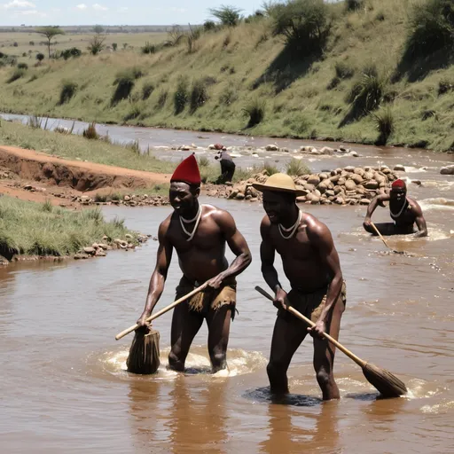 Prompt: Zulu men working in the river 