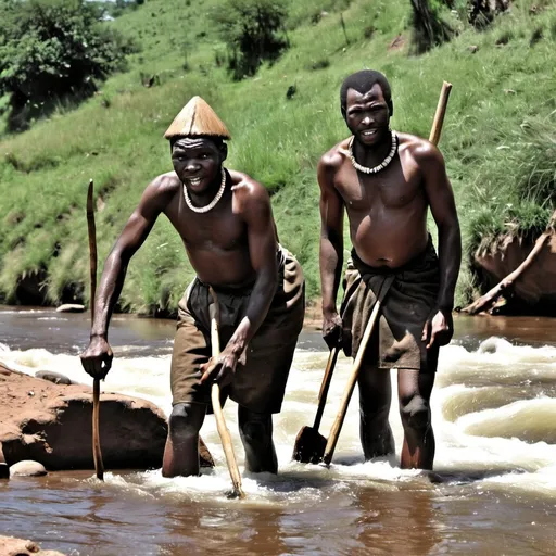 Prompt: Zulu men working in the river 