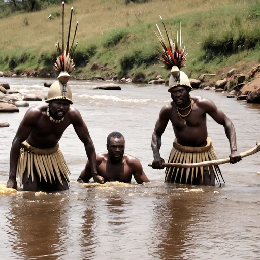 Prompt: Zulu men working in the river 