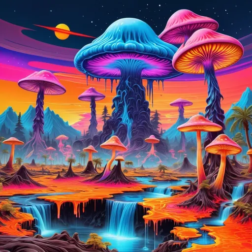 Prompt: psychedelic melting mushroom forest on a colorful glowing bismuth planet with liquid nebulas, palm trees, erupting volcanoes with sunset colors, waterfalls, melting landscape, Abstract patterns, Movement and flow with a wizard