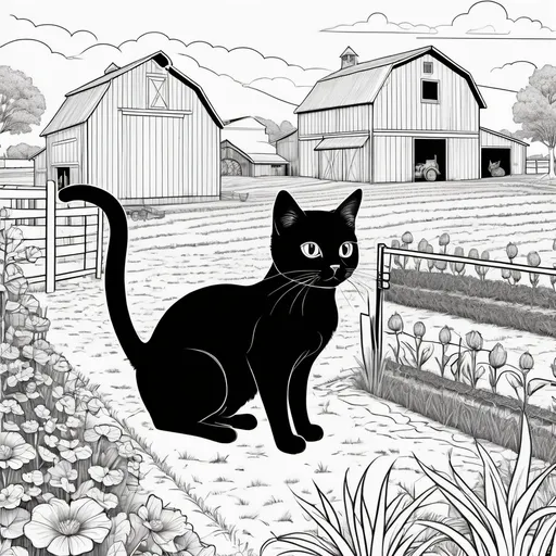 Prompt: Black and white line art scene, coloring book style, of a small black cat at a large farm







