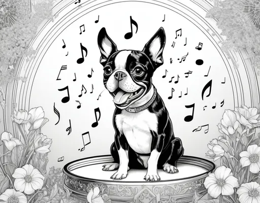 Prompt: B&W coloring book page, small boston terrier dog singing music
