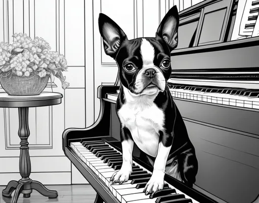 Prompt: B&W coloring book page, small boston terrier dog thinking at a piano