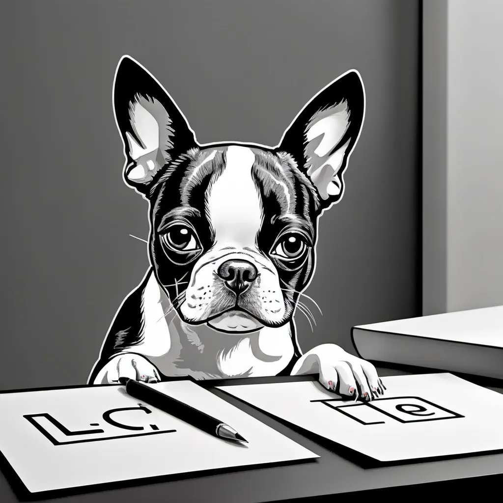 Prompt: Black and white line art scene portrait of a small Boston Terrier dog teaching the alphabet.


