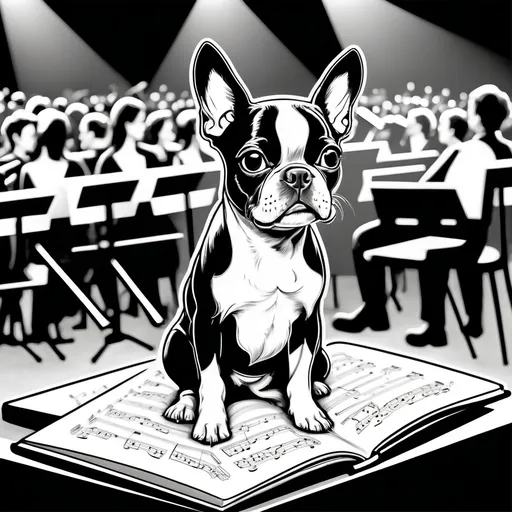 Prompt: Black and white line art scene, coloring book style, of a small Boston Terrier dog at an orchestra concert



