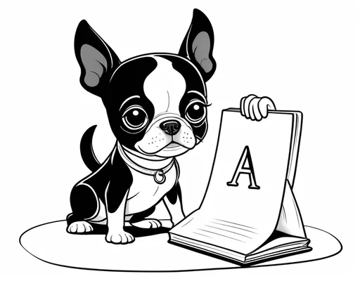 Prompt: basic B&W coloring book style, cartoon drawing of a small boston terrier teaching the alphabet







