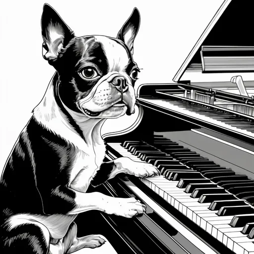 Prompt: Black and white line art scene of a small Boston Terrier dog sitting at a grand piano, smiling

