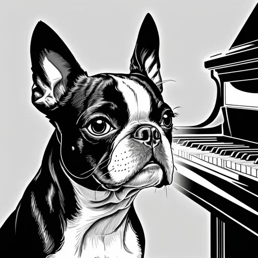 Prompt: Black and white line art headshot portrait of a Boston Terrier dog at a piano
