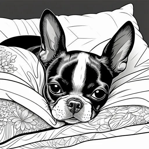 Prompt: Black and white line art scene, coloring book style, of a small Boston Terrier dog sleeping





