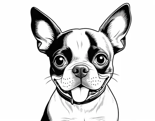 Prompt: basic B&W coloring book page, small boston terrier dog saying hi and smiling



