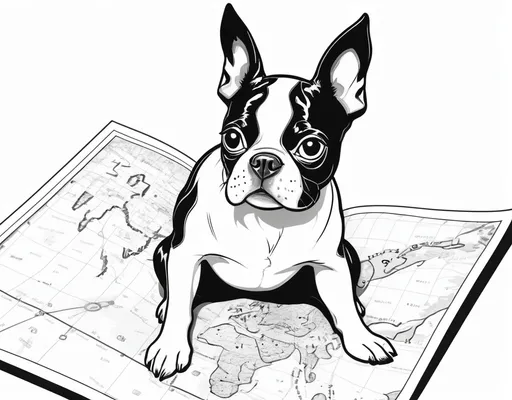 Prompt: basic B&W coloring book style, cartoon drawing of a small boston terrier dog looking at a map






