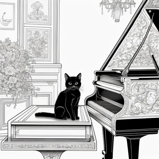 Prompt: Black and white line art scene, coloring book style, of a small black cat laying on a large grand piano, lid closed







