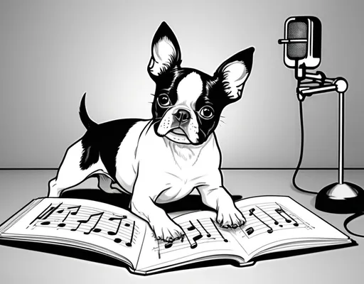 Prompt: basic B&W coloring book page, small boston terrier dog teaching music

