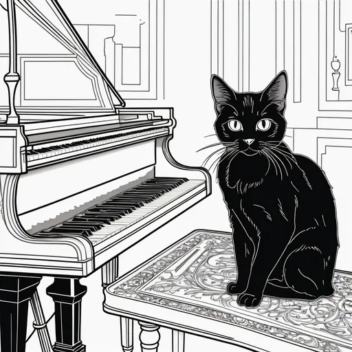Prompt: Black and white line art scene, coloring book style, of a small black cat laying on a large grand piano, lid closed







