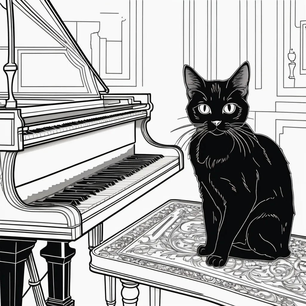 Prompt: Black and white line art scene, coloring book style, of a small black cat laying on a large grand piano, lid closed







