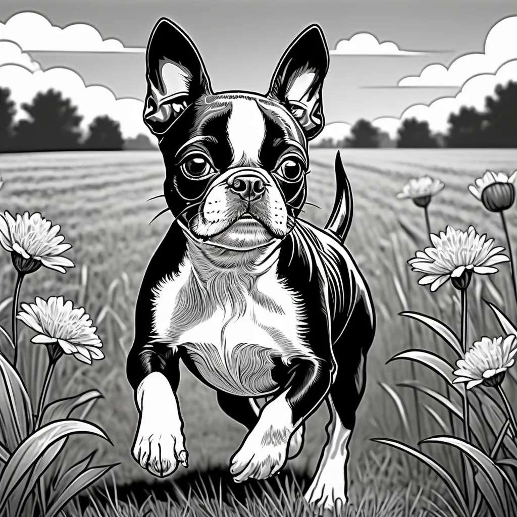 Prompt: Black and white line art scene, coloring book style, of a small Boston Terrier dog running through a field







