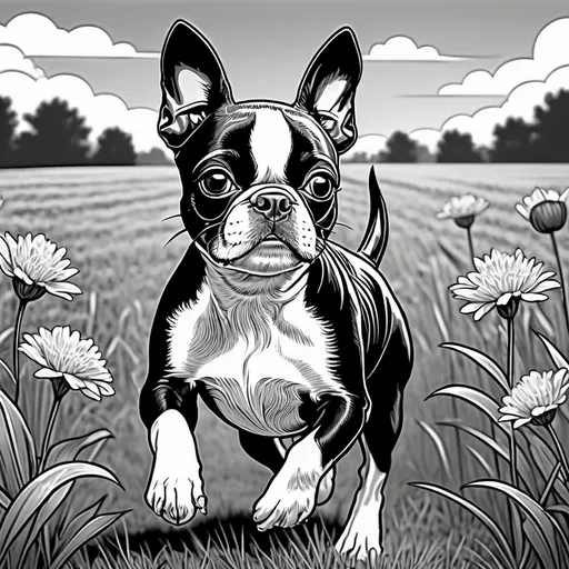 Prompt: Black and white line art scene, coloring book style, of a small Boston Terrier dog running through a field







