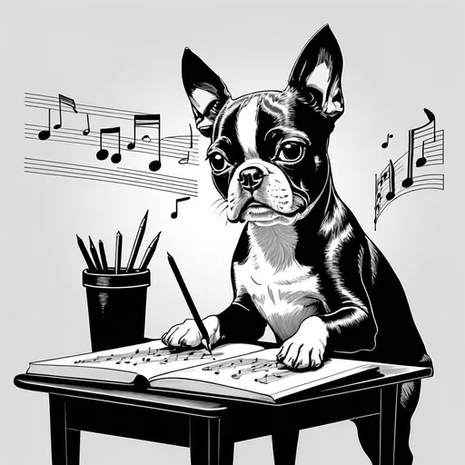 Prompt: Black and white line art scene of a small Boston Terrier dog writing music

