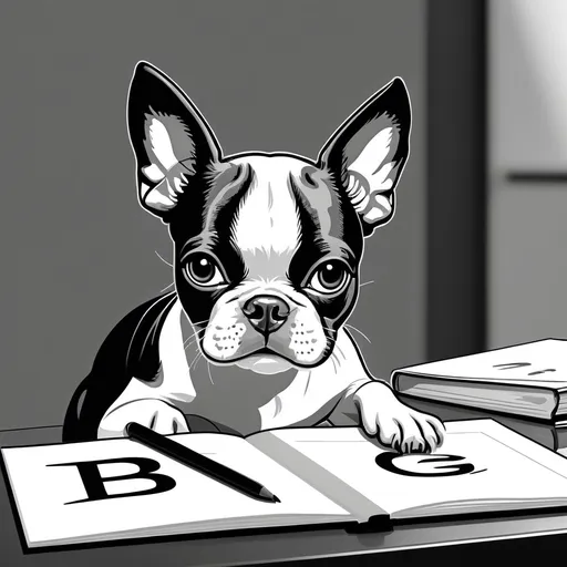 Prompt: Black and white line art scene portrait of a small Boston Terrier dog teaching the alphabet.

