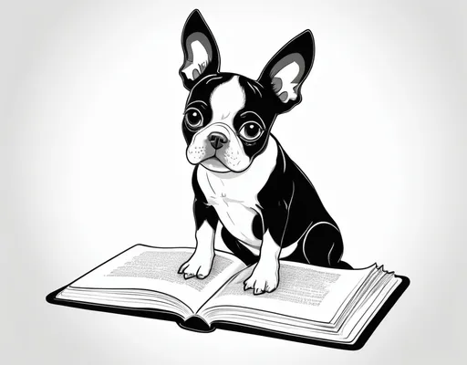 Prompt: basic B&W coloring book style, small boston terrier dog reading book with E & F





