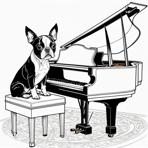 Prompt: Black and white line art scene, coloring book style, of a small Boston Terrier dog at a grand piano




