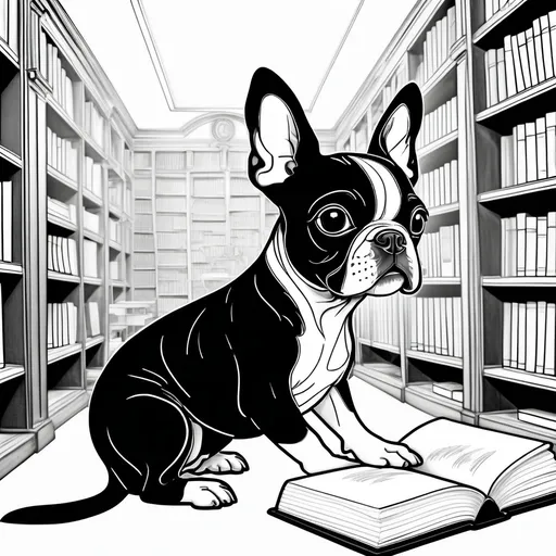 Prompt: Black and white line art scene, coloring book style, of a small Boston Terrier dog at a library



