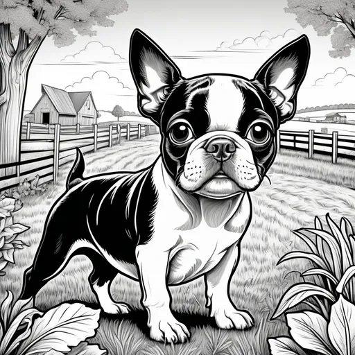 Prompt: Black and white line art scene, coloring book style, of a small Boston Terrier dog on the farm


