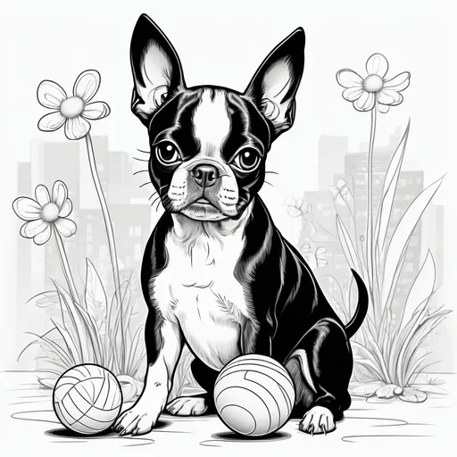 Prompt: Black and white line art scene, coloring book style, of a small Boston Terrier dog playing with a toy







