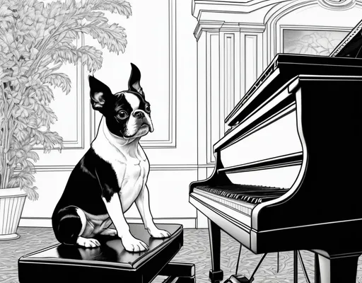 Prompt: B&W coloring book page, small boston terrier dog thinking near a grand piano