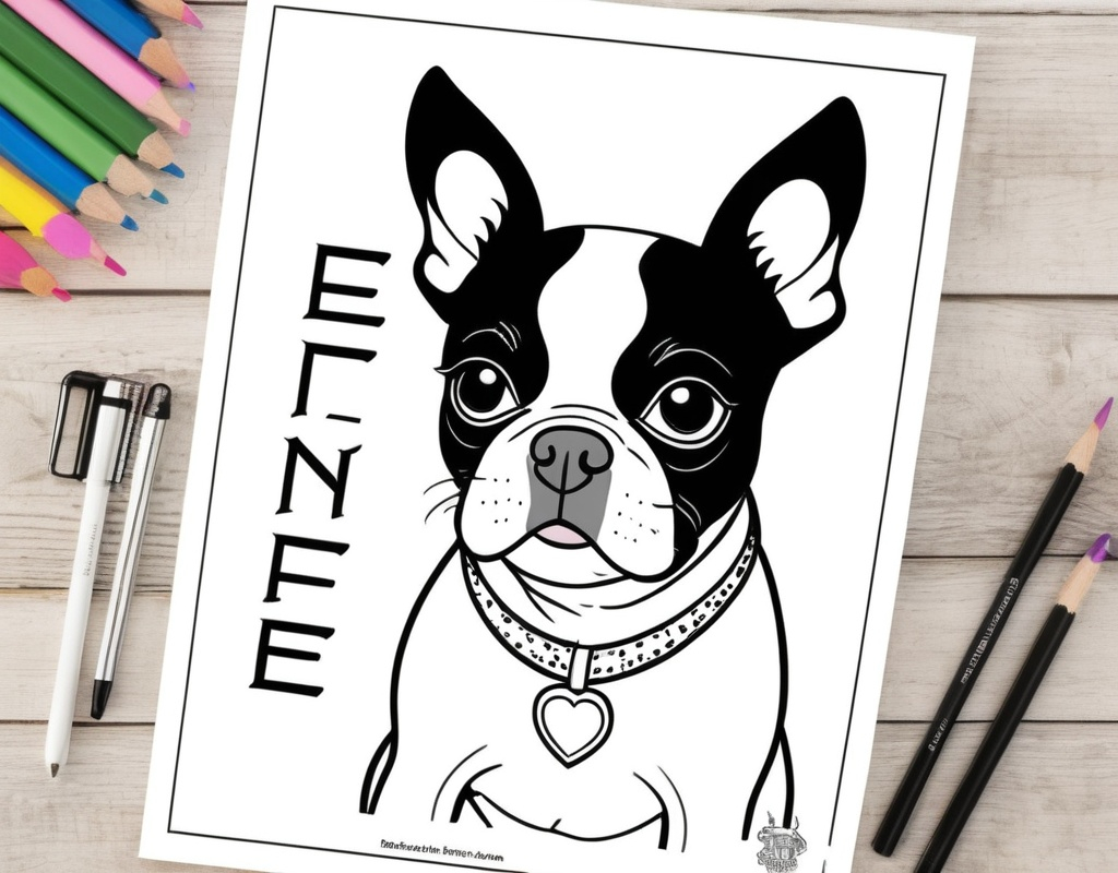 Prompt: basic B&W coloring book page, small boston terrier dog saying E & F




