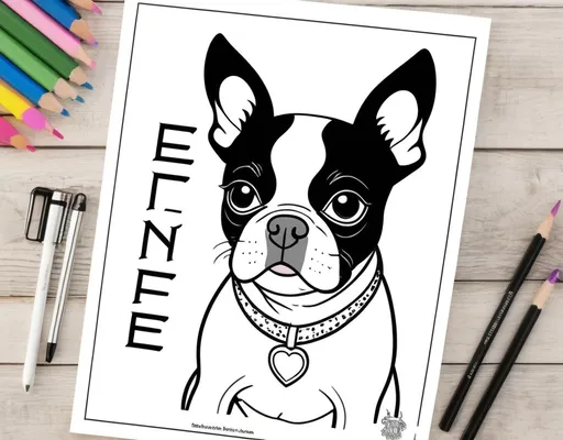 Prompt: basic B&W coloring book page, small boston terrier dog saying E & F




