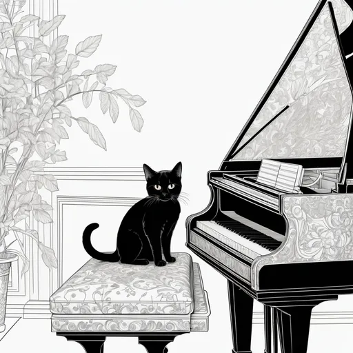 Prompt: Black and white line art scene, coloring book style, of a small black cat laying on a large grand piano, lid closed








