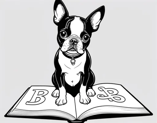 Prompt: basic B&W coloring book page, small boston terrier dog reciting ABCs


