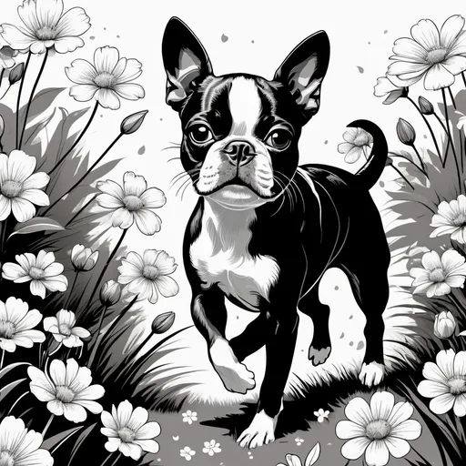 Prompt: Black and white line art scene of a small Boston Terrier dog running through flowers
