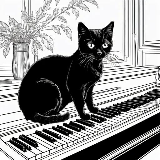Prompt: Black and white line art scene, coloring book style, of a small black cat at the piano








