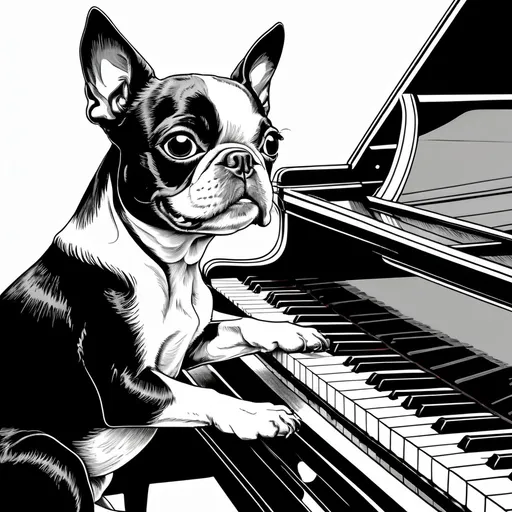 Prompt: Black and white line art scene of a small Boston Terrier dog sitting at a grand piano, smiling
