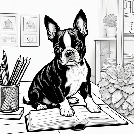 Prompt: Black and white line art scene, coloring book style, of a small Boston Terrier dog at school



