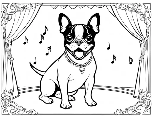 Prompt: basic B&W coloring book page, small boston terrier dog singing opera


