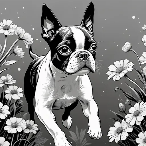 Prompt: Black and white line art scene of a small Boston Terrier dog running through flowers
