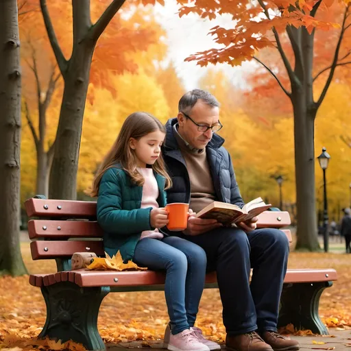 Prompt: Create an image of a father and his young daughter sitting on a park bench. The father is reading a storybook to his daughter while she listens intently, holding a small cup of hot chocolate. Surround them with bright autumn leaves and a backdrop of tall trees."