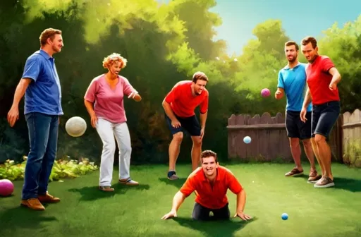 Prompt: Action shot of an intense bocce game, outdoor setting, lively expressions, vibrant colors, realistic digital painting, detailed grass and foliage, dynamic poses, high energy, competitive spirit, summer atmosphere, sunny daylight, 4k, ultra-detailed, realistic, dynamic poses, intense competition, outdoor setting, vibrant colors, facial expressions, realistic digital painting, detailed environment, lively atmosphere