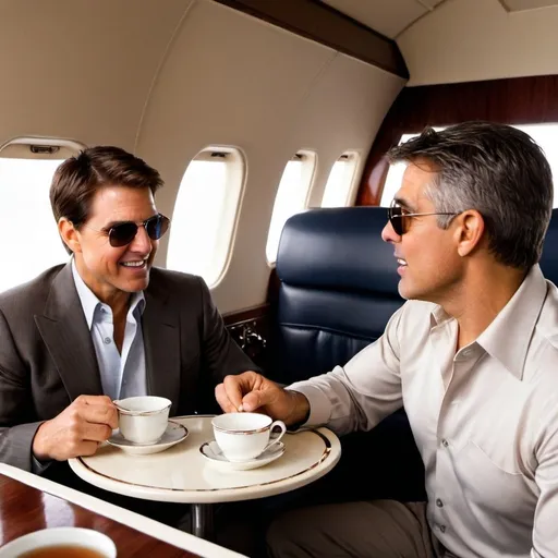 Prompt: Tom cruise having tea with George Clooney on a private plane. High definition.