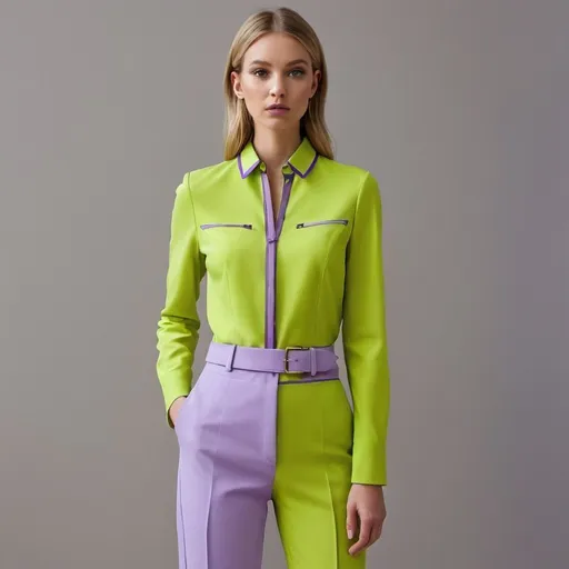 Prompt: Contemporary high-end female workwear inspired clothing in lime green and lilac detailing  
