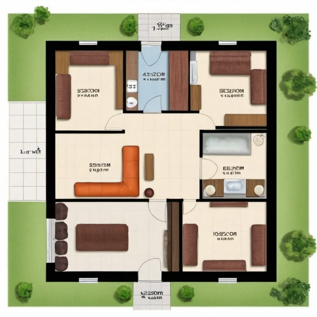 Prompt: I have a plane 9.5 by 14 meter. I want to built a house. My house have 2 bedroom in size 3 by 4 m. A kitchen about 9 to 12 m^2. A big saloon with 9 m side and one toilet about 1.5 m^2  and a bathroom about 2 to 3 m^2. The width of walls in area of house is 30 cm and the inside wall is 20. Without yards. Well design, without error position.


Draw a 2d floor plane with different place of rooms.