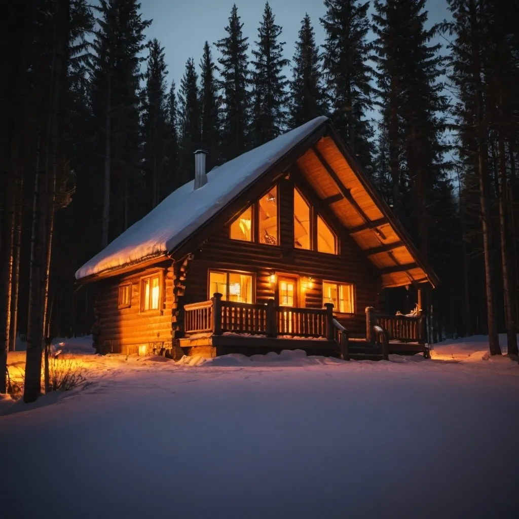 Prompt: cozy cabin with warm glow around it