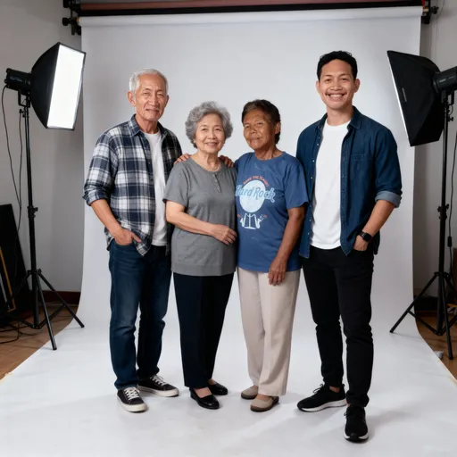 Prompt: Make them a family picture with a photo studio shoot. Change their outfit into casual attire. 