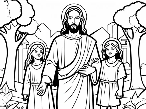 Prompt: B&W coloring book page, Jesus with children, line art, solid white background